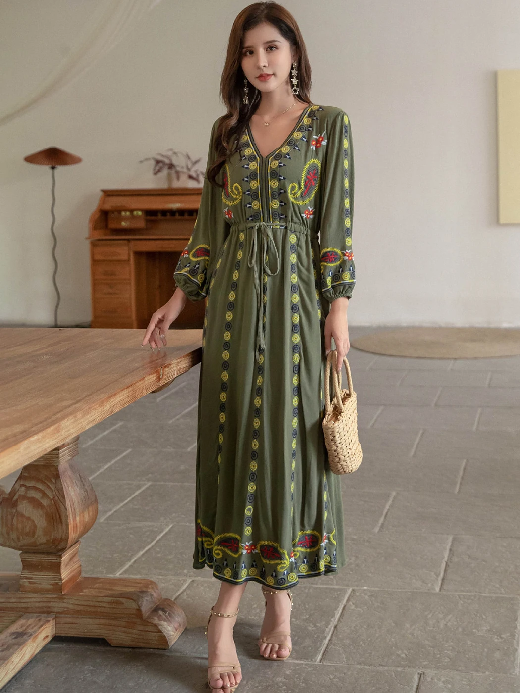 Jastie Vintage elegancka spódniczka Midi kobiety lato sznurkiem wysokiej talii V Neck z długim rękawem Vestidos Boho wakacje swobodne sukienki