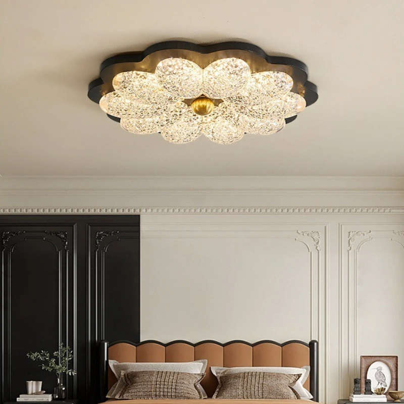 

French Vintage Metal Base Flower Ceiling Lamps Resin Flower Petal Bedroom Study Living Room Hotel Romantic Home Decor LED Lights