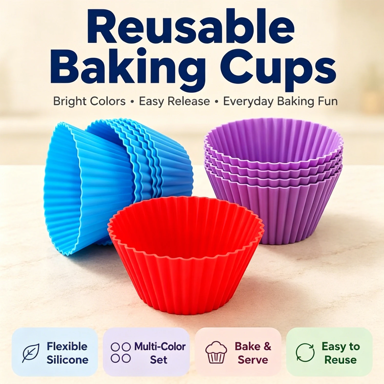 Conjunto de Formas de Silicone para Cupcake e Muffin, Reutilizáveis, Adequadas para Forno, Antiaderentes. Silicone de Grau Alimentício.
