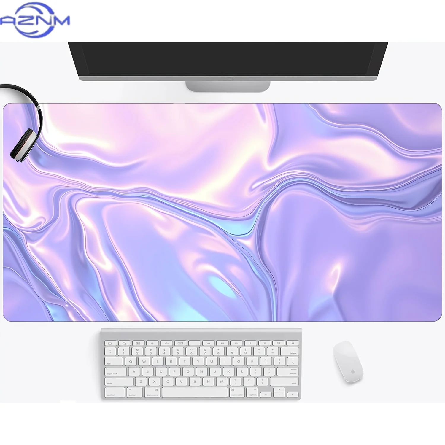 1pc Abstract Iridescent Pink Purple Liquid Cool Gaming Mouse Pad & Desk Mat - Non-Slip Rubber Base, Stitched Edges, Large Rectan