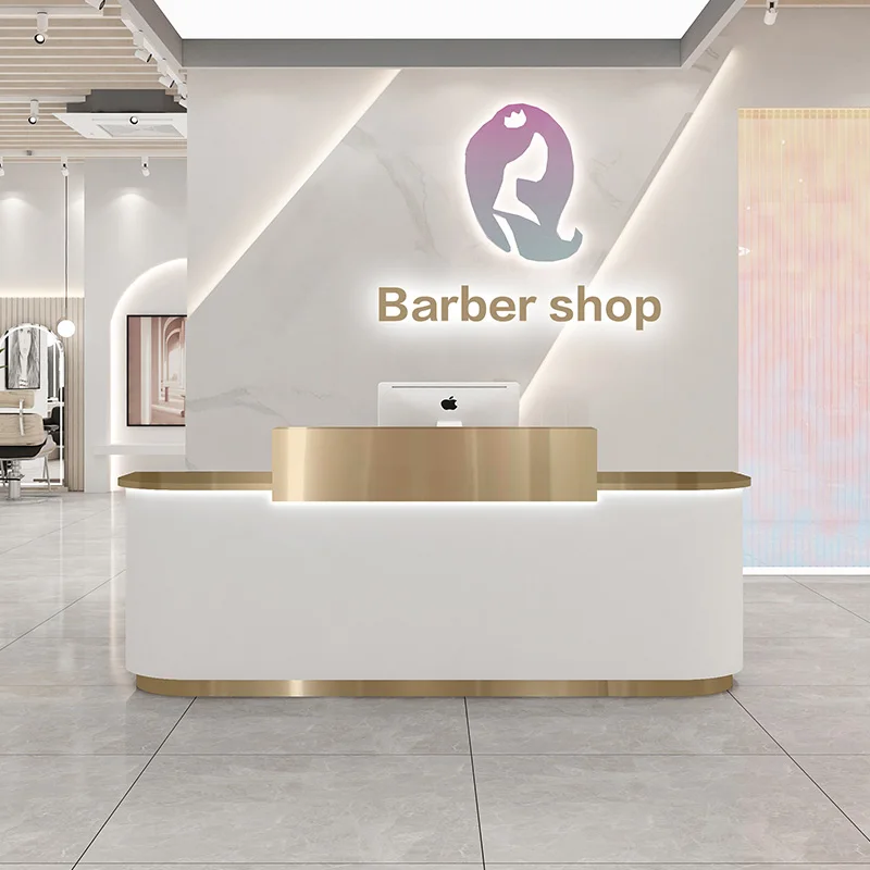 Barber shop wood white office spa gold modern small front table beauty salon reception desk