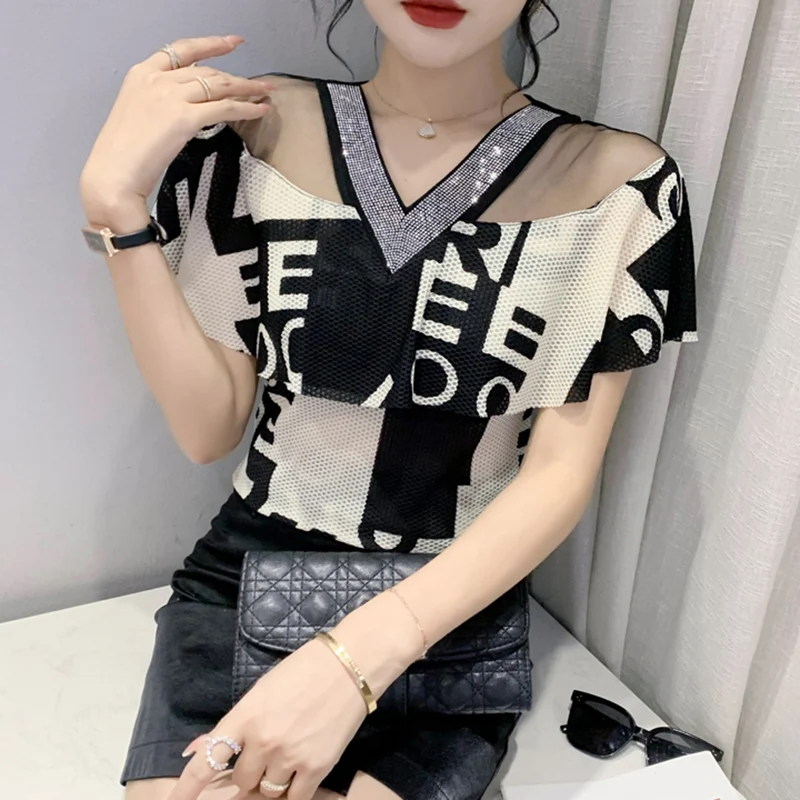 Women's Short Sleeved T-Shirt, Sexy V-Neck, Printed Hot Drilling Mesh Tops, Summer Fashion