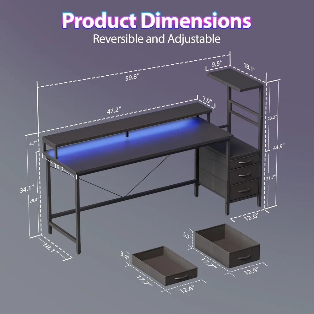 LED-Illuminated Gaming Desk with Power Outlets, Reversible PC Case Stand, Fabric Drawers, Modern Office Desk with Ergonomic Desi