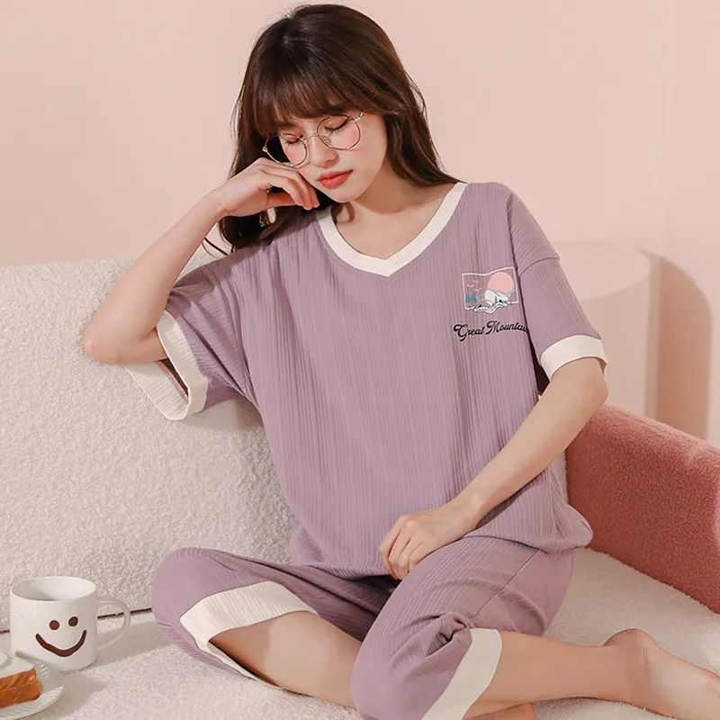 

2023 Summer Knitted Cotton Pajamas Set Women Pyjamas Elegant Sleepwear Nightwear Pijama Mujer Plus Size Calf-Length Pants Home