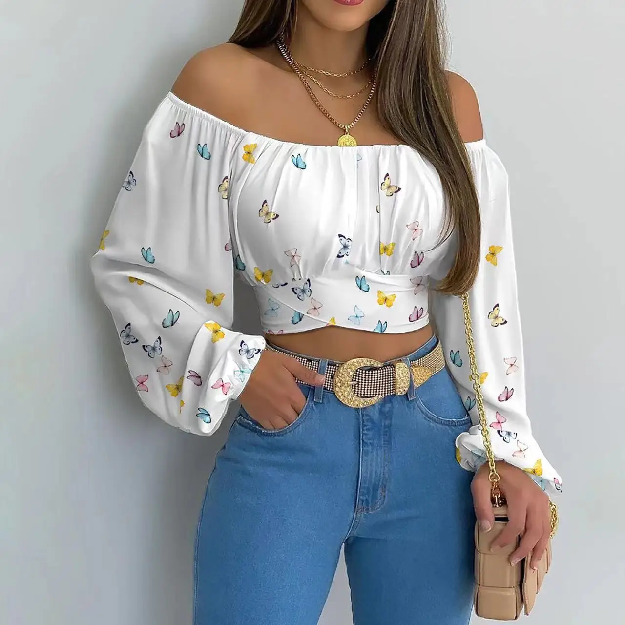 2024 Women Sexy Off Shoulder Printing Blouses Chic and Elegant Lantern Long Sleeve Lace Up Bow Cropped Tops Casual Slim Shirts