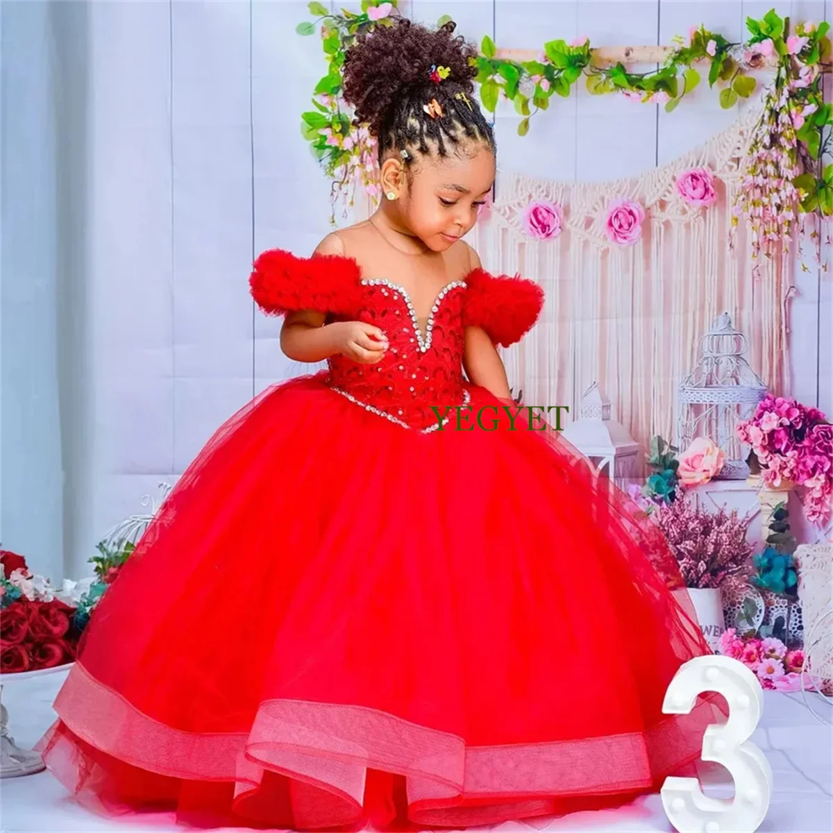 

Flower Girl Dresses Red Kids Birthday Sheer Neck Pleated Ruffles Tiered Tulle Ball Gowns for Wedding