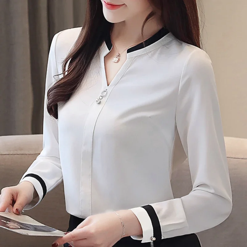 

Spring Fashion New Long Sleeve V-Neck Women Blouse Office Lady Chiffon Blouse Shirt Women Tops Blusas Mujer De Moda 2024 A893