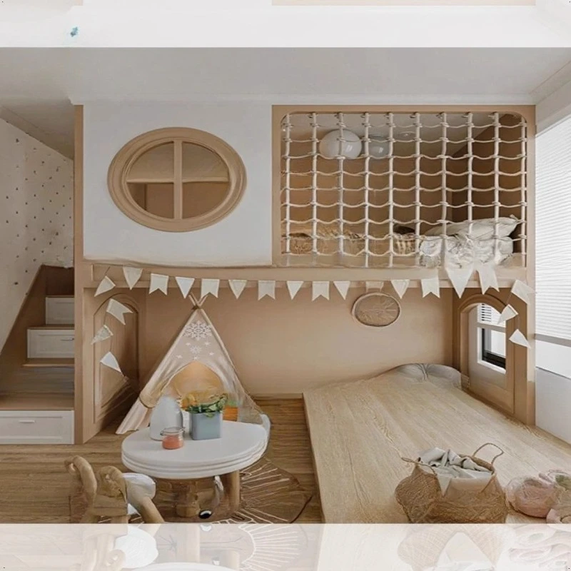 Tempat tidur anak modern bergaya mewah, ranjang susun tingkat atas dan bawah untuk anak perempuan, tinggi 1,2 meter, dengan tangga dan kabin.