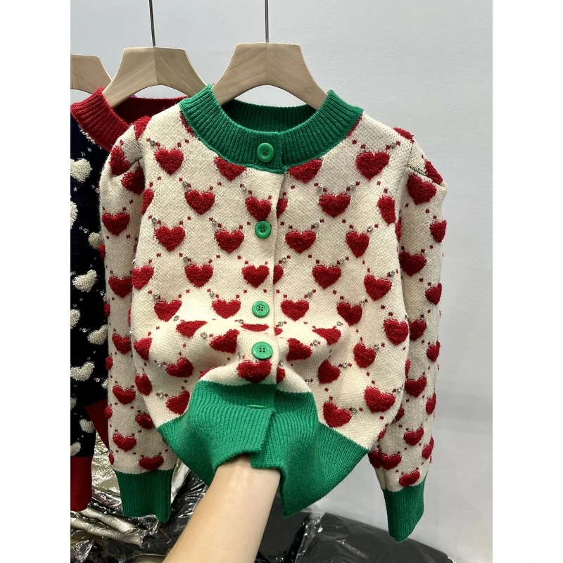 Embroidery Sweater Autumn Winter Heavy Industry Nail Bead Love Jacquard Color Block Bubble Sleeve Sweater for Women\'s Cardigan