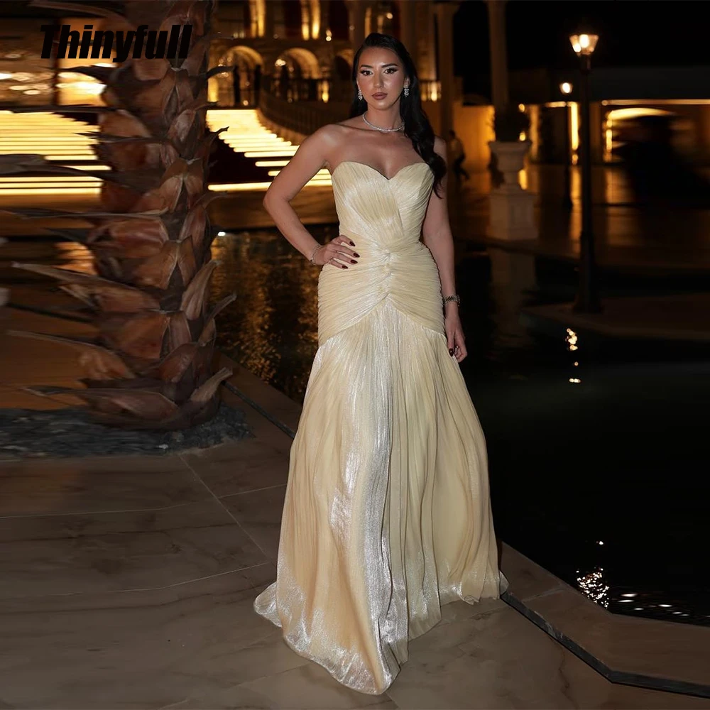 

Thinyfull Mermaid Arab Prom Dresses Sweetheart Sleeveless Pleats Evening Party Gown Dubai Long Dress robes de soirée Customized