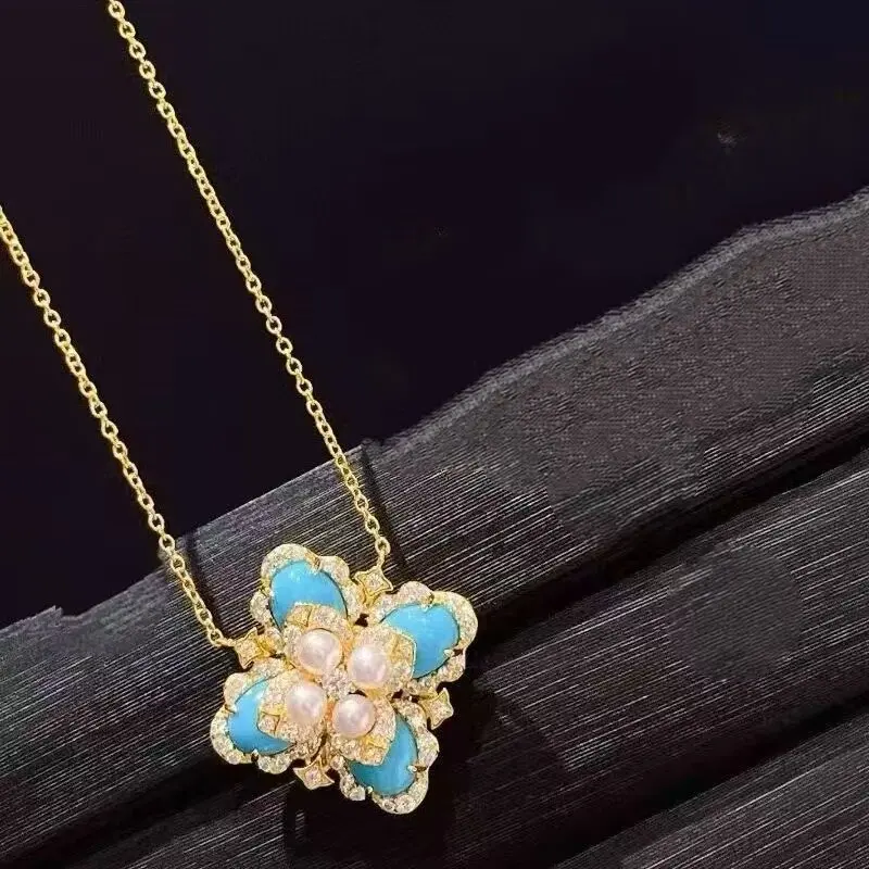 

Ожерелье из стерлингового серебра 925 пробы с цветком и бриллиантами, синяя бирюза для женщин, изысканное жемчужное ожерелье, ювелирные изделия