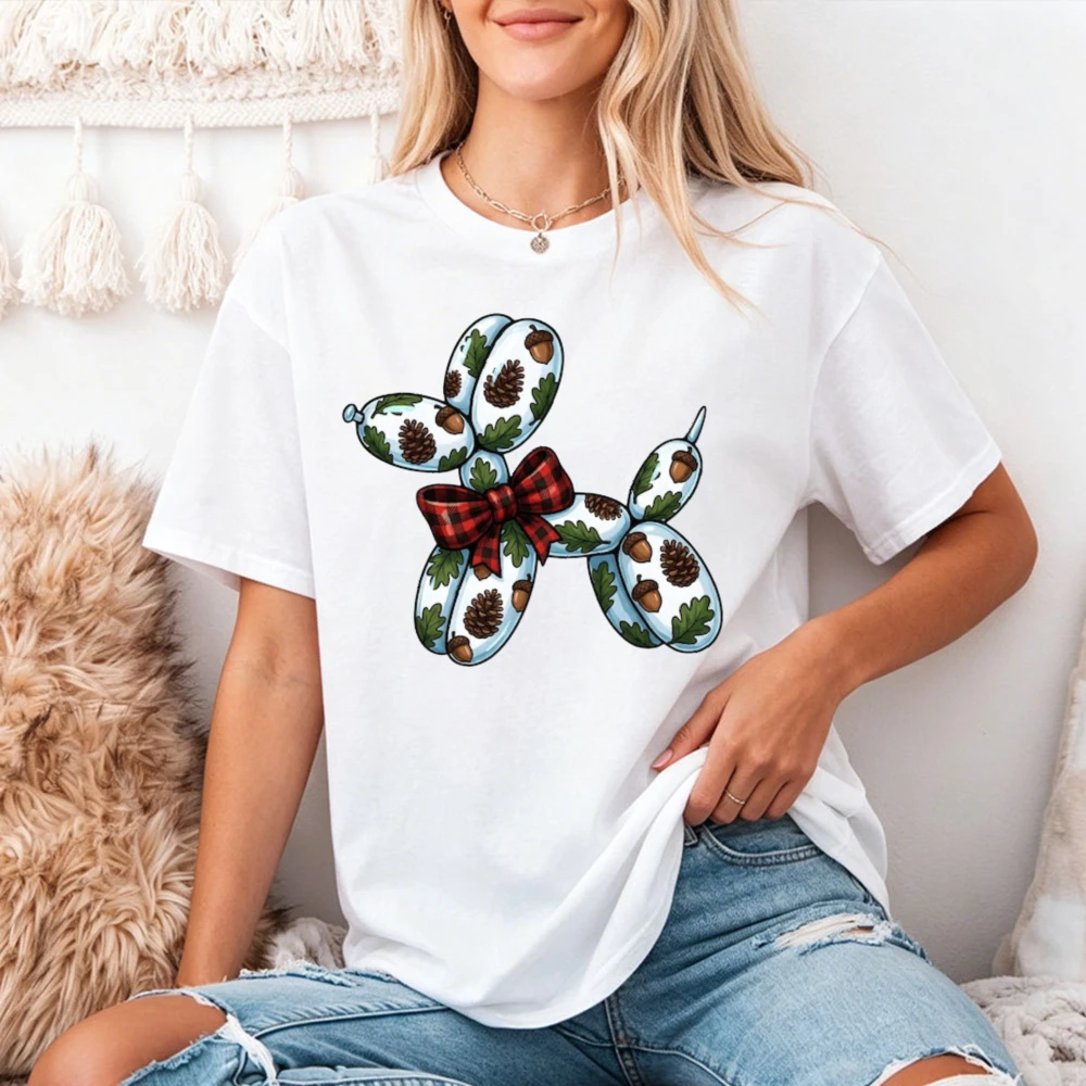 Balloon Dog With Pinecones And Plaid Bow T Shirt Women Cute Autumn Holiday Graphic Tee Funny Animal Toy Art Top