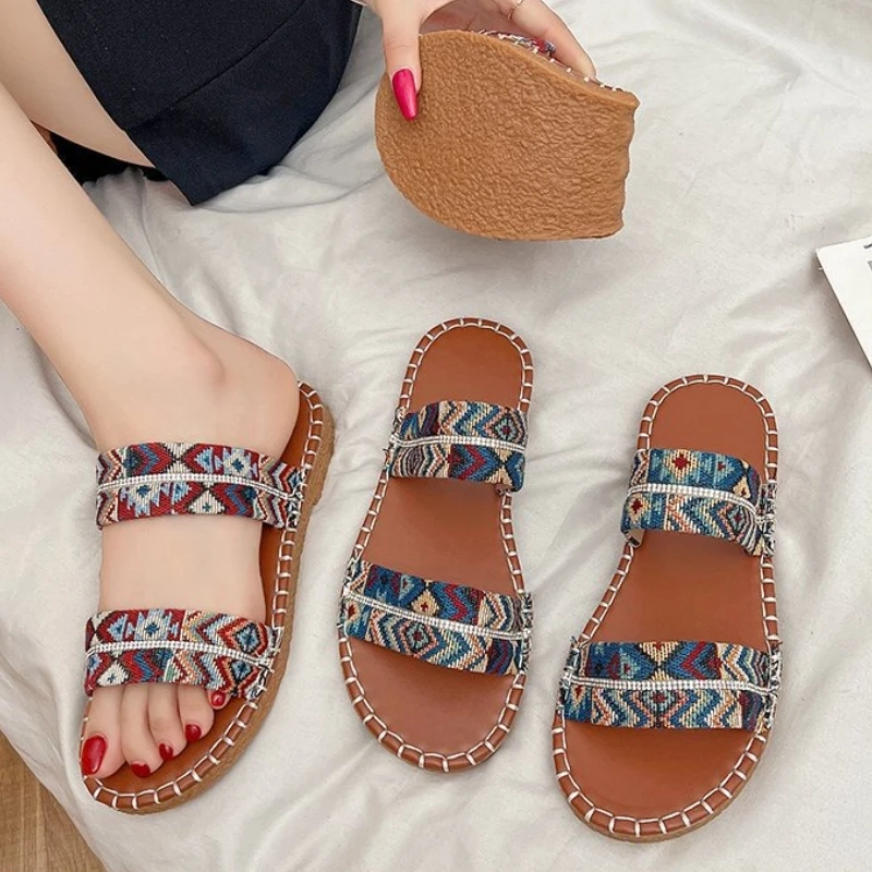 

Fashion New Women's Printing Sandals Retro Adjustable Double-buckle Design Slippers Ladies Casual Daily Beach Flat Shoes