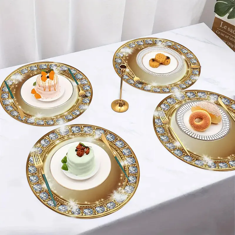 VIKAMA luxury rhinestone gold rim round placemats heat resistant waterproof washable table mat vintage style decor