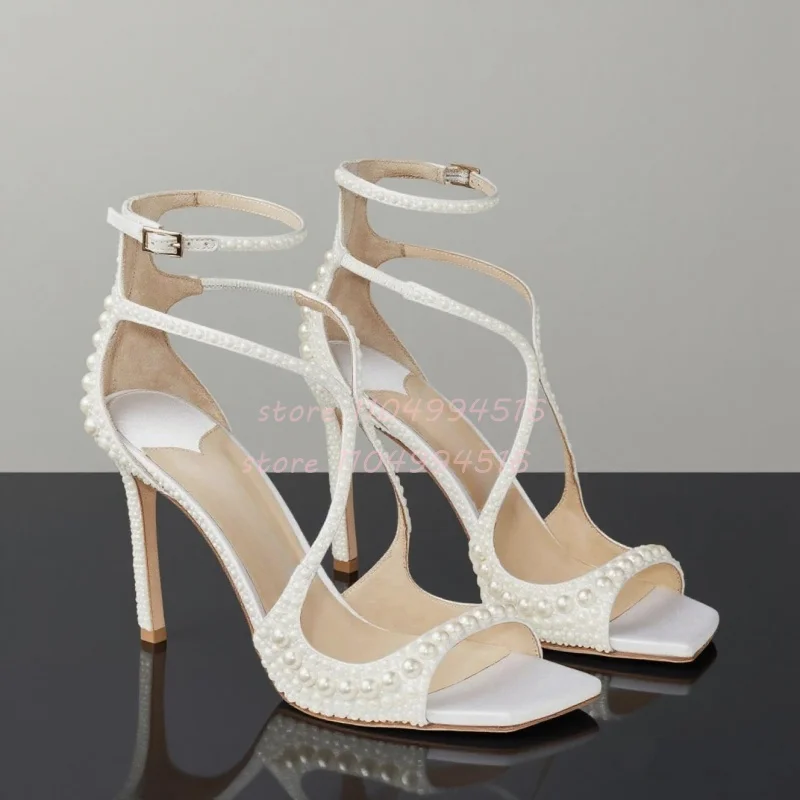 

White Pearls Decorated Cross-Tied High Heels Women Square Toe Ankle Straps Stiletto Sandals Lady Sexy Luxury Party Wedding Shoes