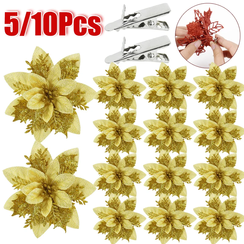 

5/10pcs 14cm Glitter Artifical Christmas Flowers Xmas Tree Decoration Happy New Year Ornament Merry Christmas Decor Home Navidad