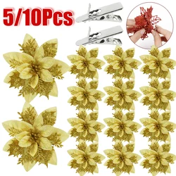 5/10pcs 14cm Glitter Artifical Christmas Flowers Xmas Tree Decoration Happy New Year Ornament Merry Christmas Decor Home Navidad