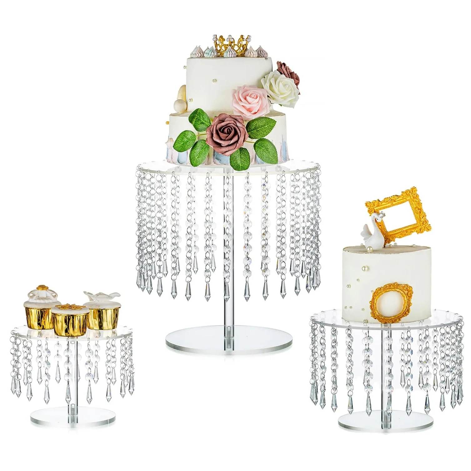 Acrylic Cake Stand Set, Round Cupcake Stands Clear Dessert Display with Crystal Chandelier for Weddings Birthday Party Decor