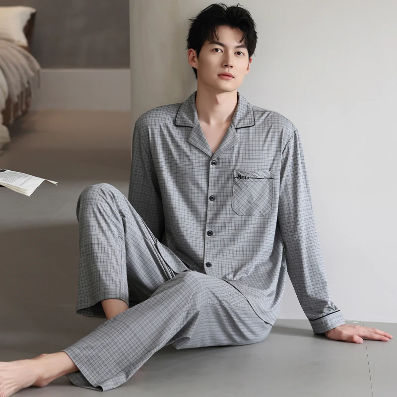 

Высококачественный мужской пижамный комплект из трикотажного хлопка с отложным воротником для весны и осени