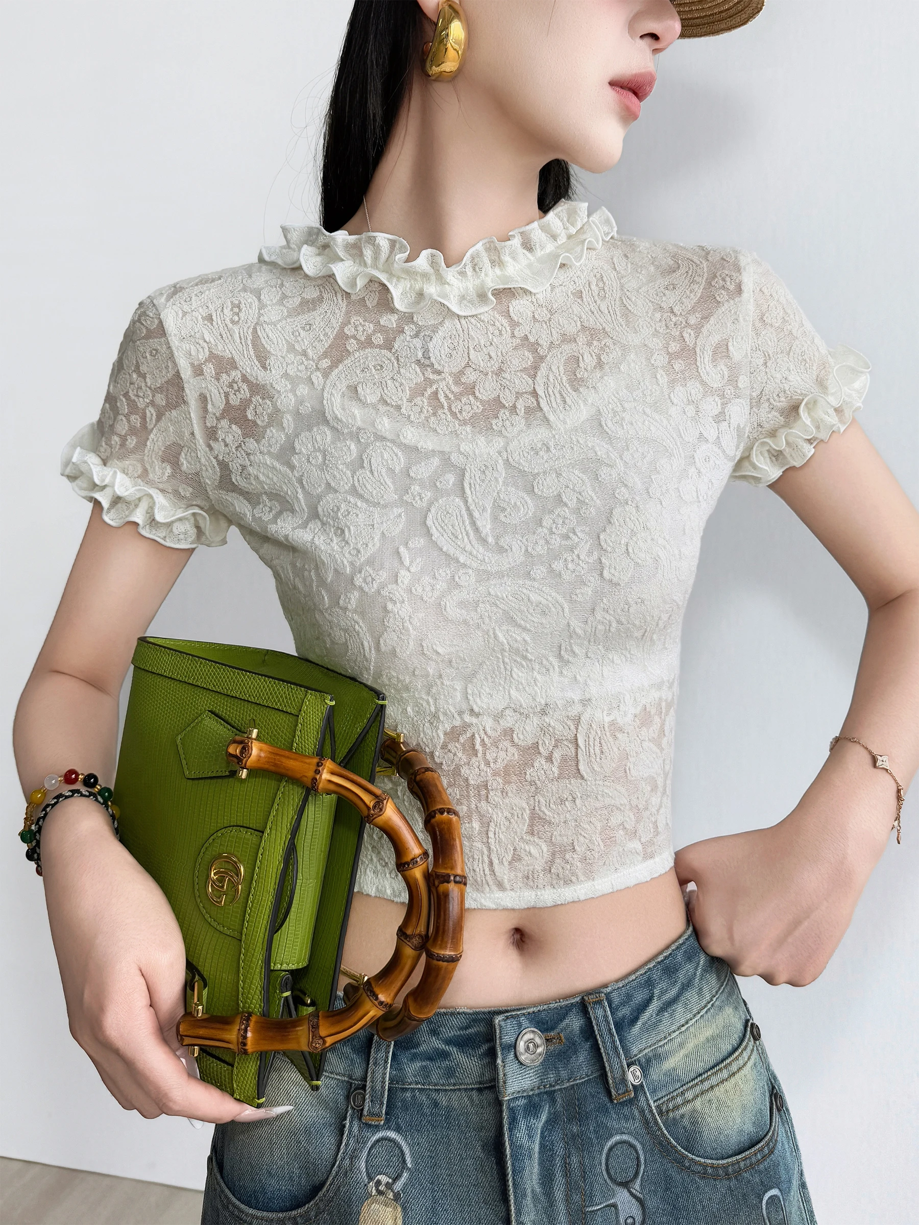 

NancyCavally Precision Wool Embroidery Texture Paisley Floral Lace Short T-Shirt Street Style Color Straight Cut Daily ...