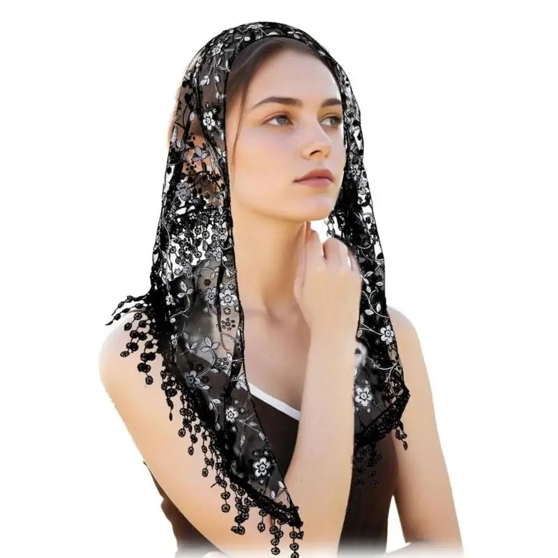 

652F Lace Veils Mantilla Headscarf Women Chapel Veils Shawl Wrap for Party Gathering