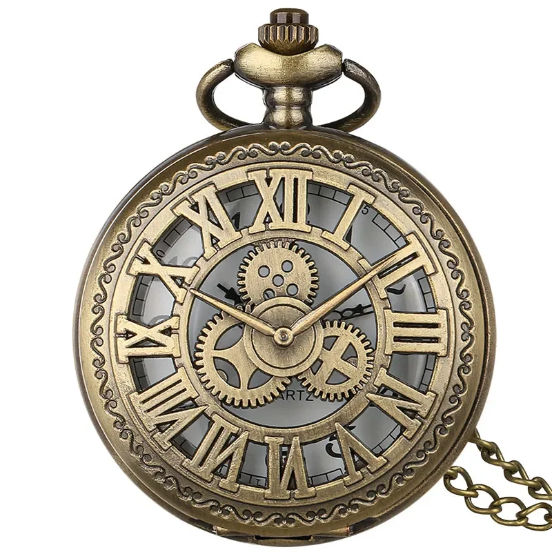 Vintage Pocket Watch Hollow Out Gear Cover Roman Number Case Quartz Movement Clock with Necklace Pendant Chain Timepiece Reloj