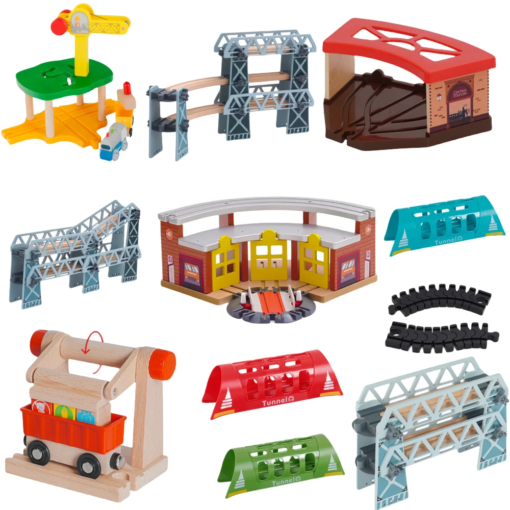 new Wooden Track Railway Accessories Bridge Train Station Tunnel roadblock parking garage Educational Toys for Kids