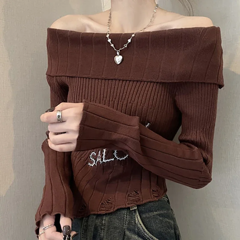 EVNISI Women Slash Neck Office Sweater Jumper Letter Printed Knit Sweaters Irregular Off Shoulder Sexy Pullovers Spring 2024