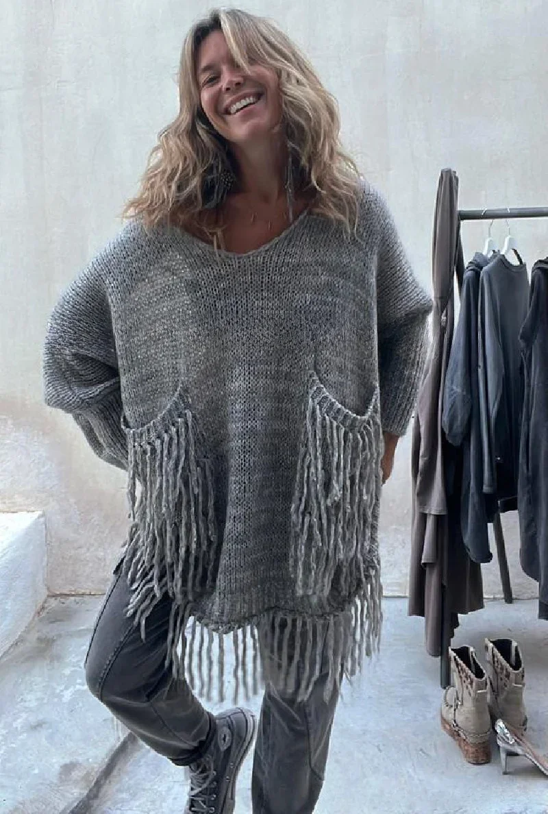 Boho Oversize jesienno-zimowy ciepły sweter sukienki dla kobiet dekolt w serek luźne kieszenie sweter z dzianiny z frędzlami sweter artystyczne