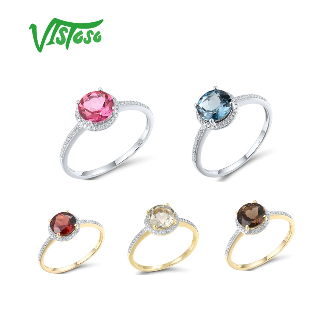 

VISTOSO Pure 14K 585 White Yellow Gold Solitaire Rings For Women Sparkling Diamonds Multi Gemstone Classic Wedding Fine Jewelry