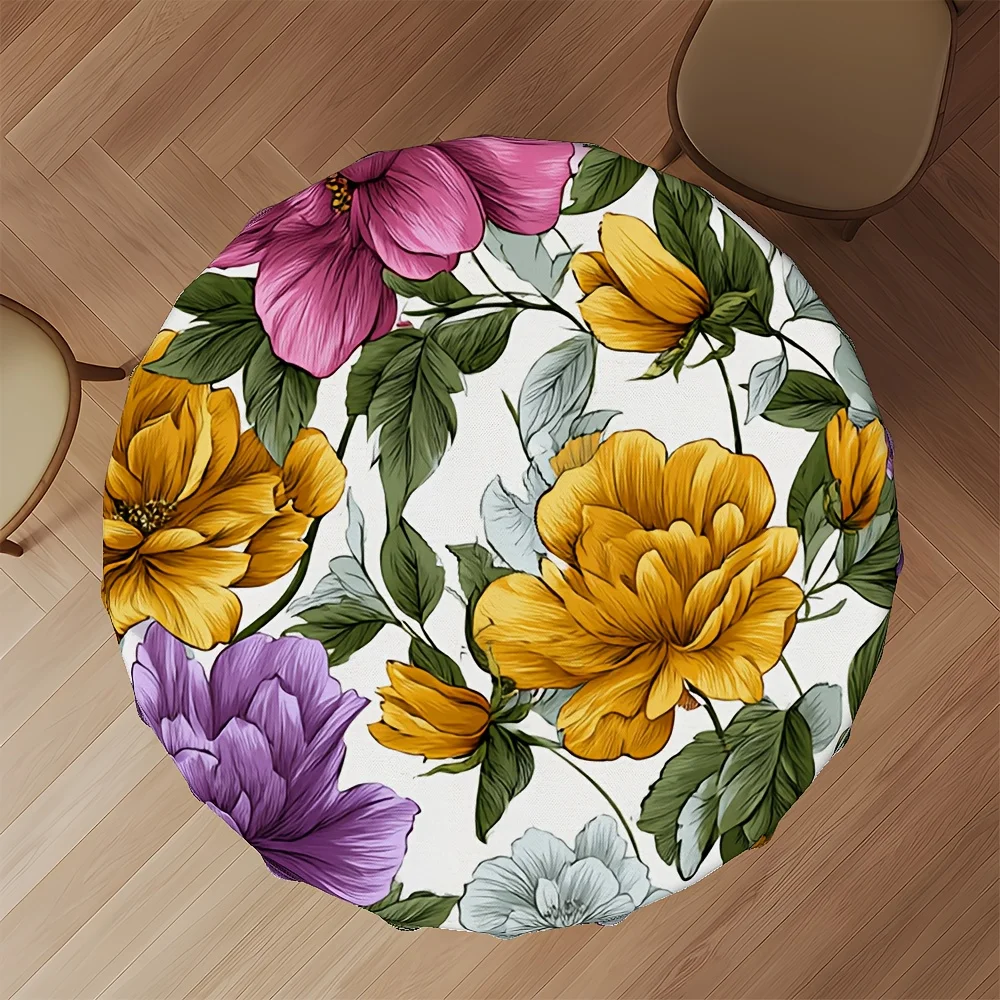 Floral Blossom Tablecloth Elegant Floral Table Cover with Yellow Purple Pink Green White Background Large 60-Inch Round Dining