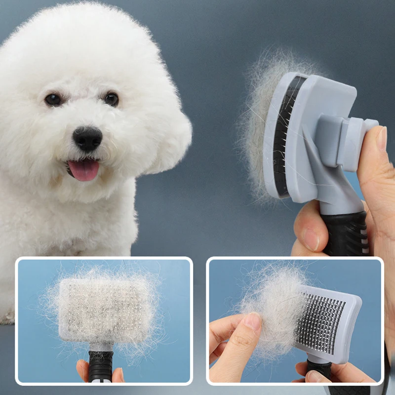 Sikat Rambut Kucing Otomatis Penghilang Bulu Rontok Satu Klik Bahan Stainless Steel Pembersih Otomatis Perawatan Hewan Peliharaan Tanpa Usaha Aksesoris Anjing