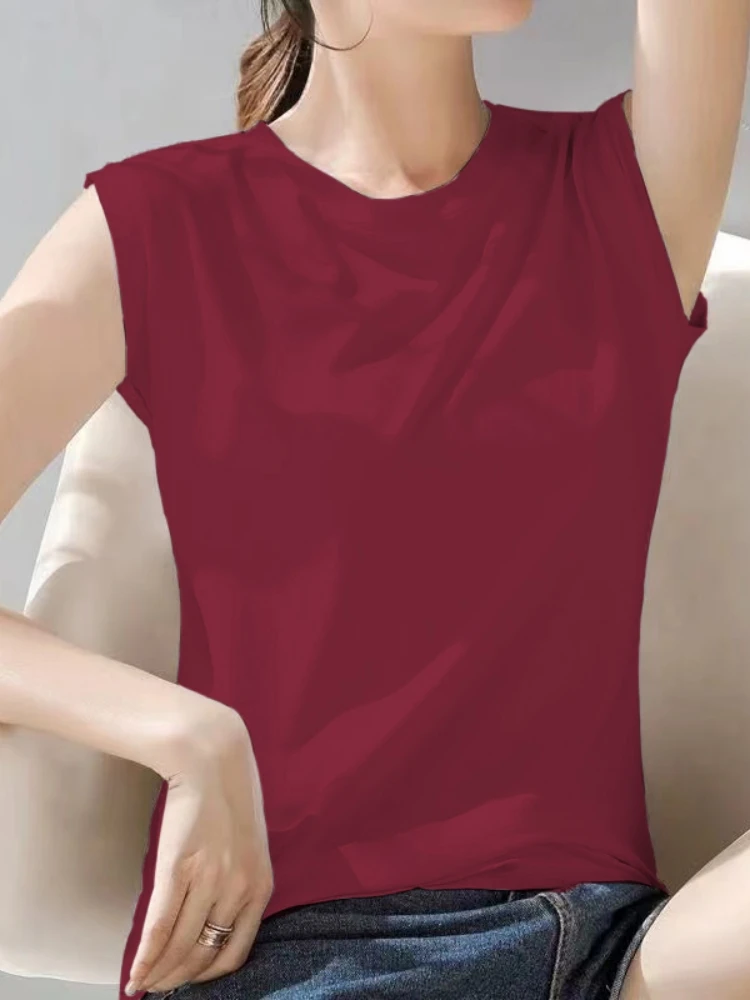 Summer Casual Loose Women's Tank Top Sleeveless Base Layer Pure Color Outerwear Versatile Slimming Effect Polyester Fiber