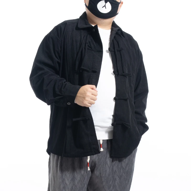 

Uncle Kool Retro irt Button up Loose Couple Hanfu Jaet Autumn Pure Color Turn-down Collar Long Sve Youth Trend