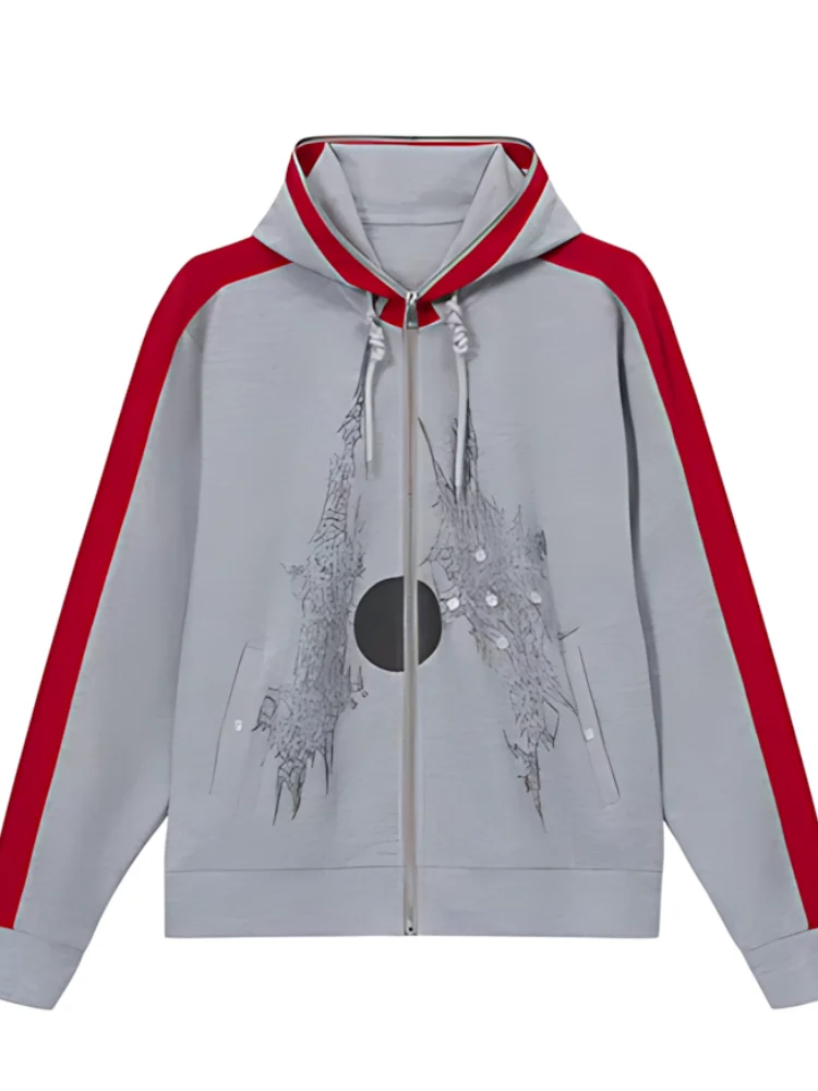 

American retro spicy girl red gray contrasting splicing spicy girl hooded hip-hop loose hoodie Y2K Harajuku style couple's top