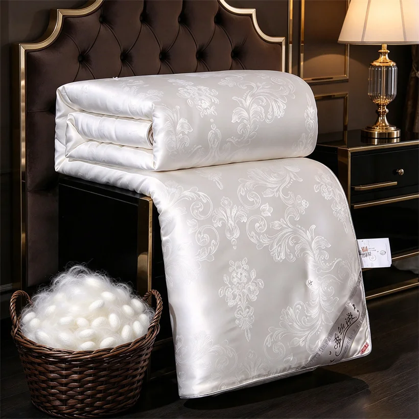 Natural Mulberry Silk Quilt with 100% Silk Filling Luxury Long-strand Silk Comforter with Cotton Shell Duvet for All Seasons