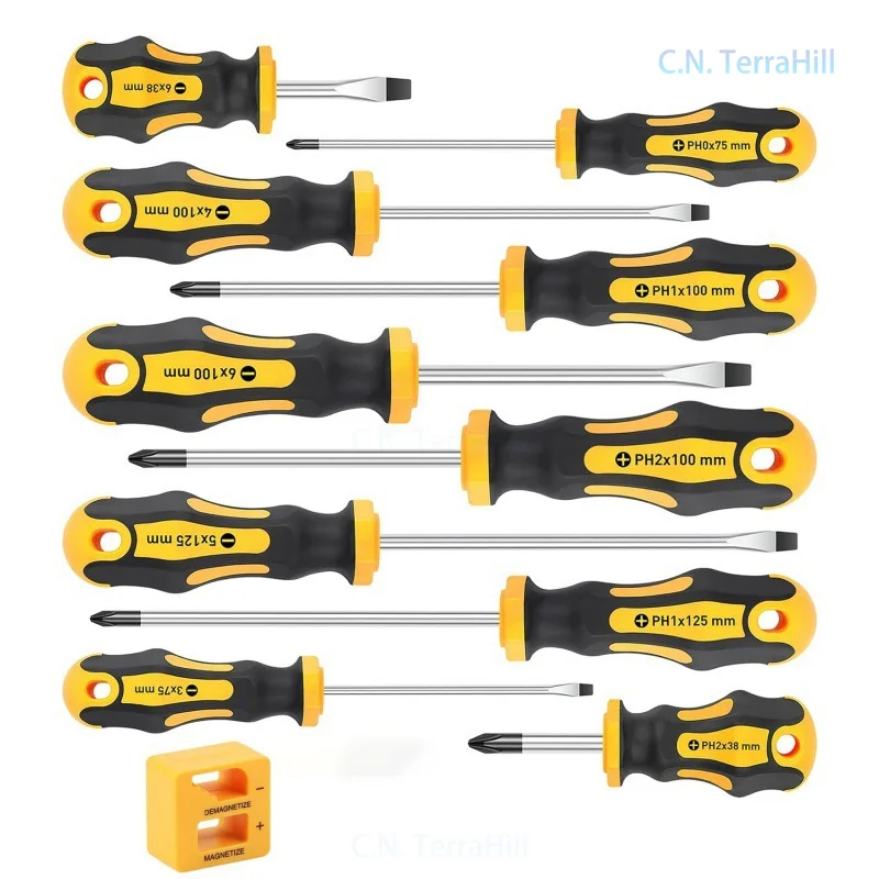 Magnetic Screwdriver Set with Bit Holder, Slotted Phillips Torx, Cushion Grip, Hole for Hanging, Professional Repair Tool Kit