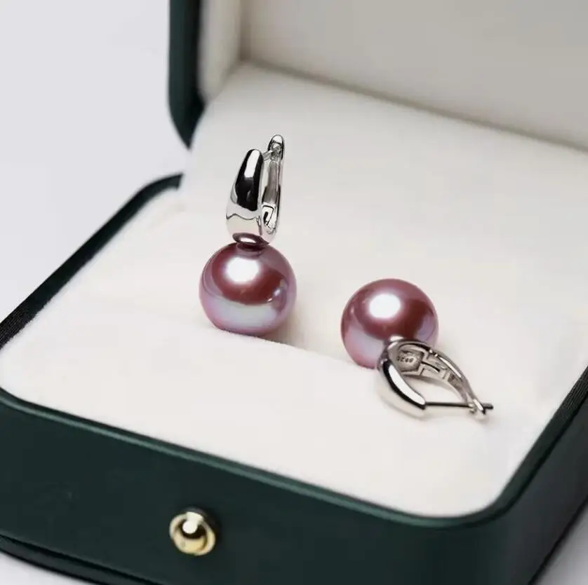 elegant pair of 10-11mm south sea round lavender pearl dangle earring 925s