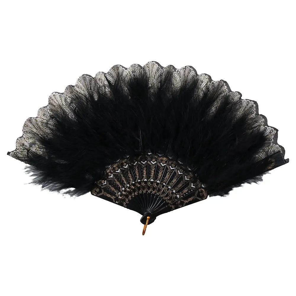 

Black Gold Edge Feather Fan,Vintage Style Folding Fan,Embroidered Folding Handheld Fan for Wedding Costume Dancing Gifts
