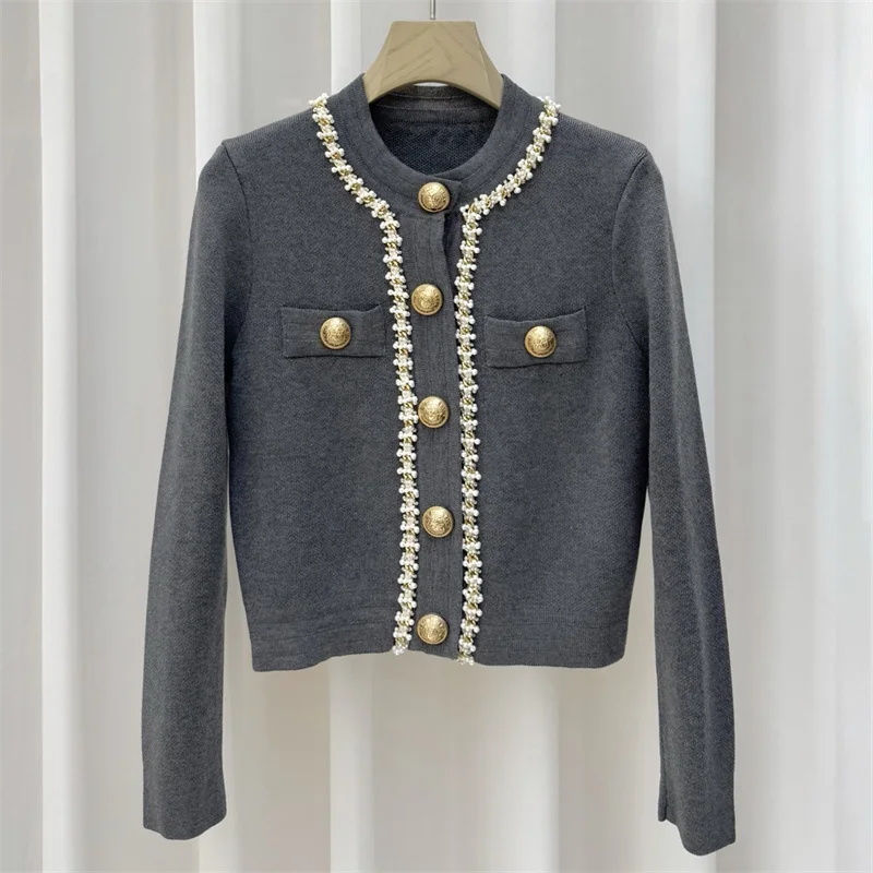 

Кардиган для женщин, новинка осени 2025, однобортный тонкий топ с длинными рукавами, украшенный бисером, женский свитер с круглым вырезом, трикотаж