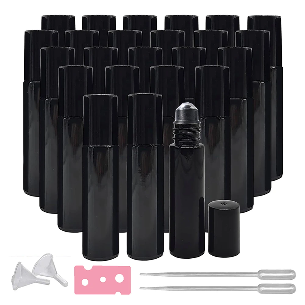 

10ml Black Glass Bottle 24pcs Empty Glass Roller Bottle Essential Oil Roll On Bottle Set With Stainless Steel Balls for Travel