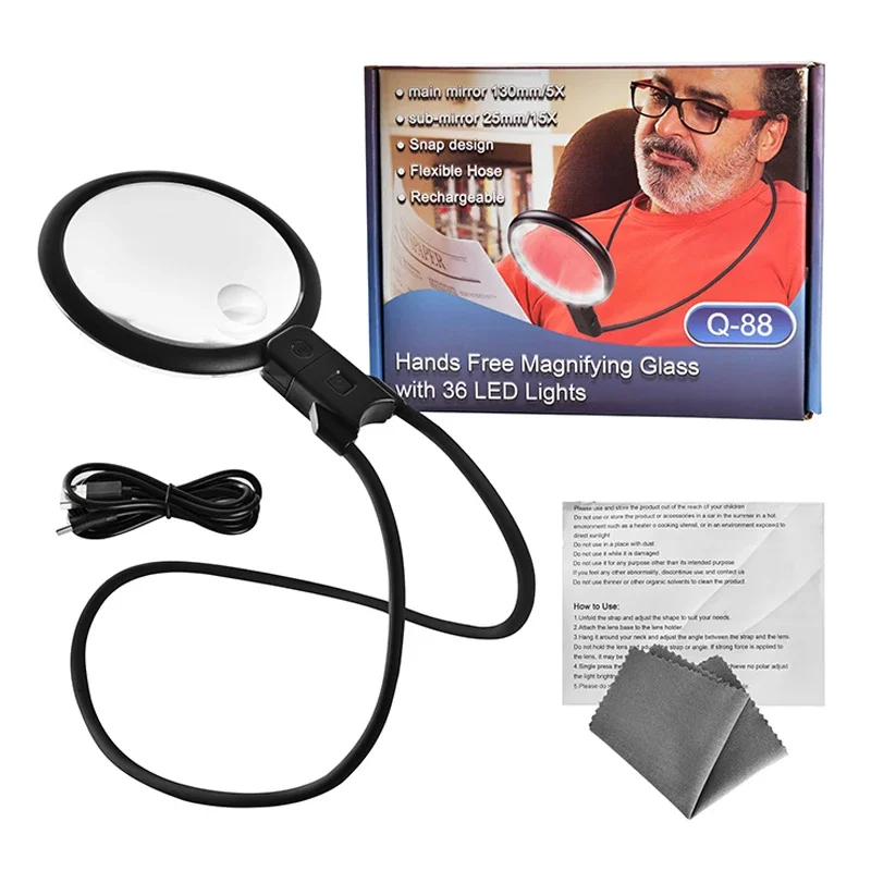 Neck Hanging Magnifier with 36 LED Lights Hands frees Magnification Glass Rechargeable Glass for Book Reading & Detailed Working