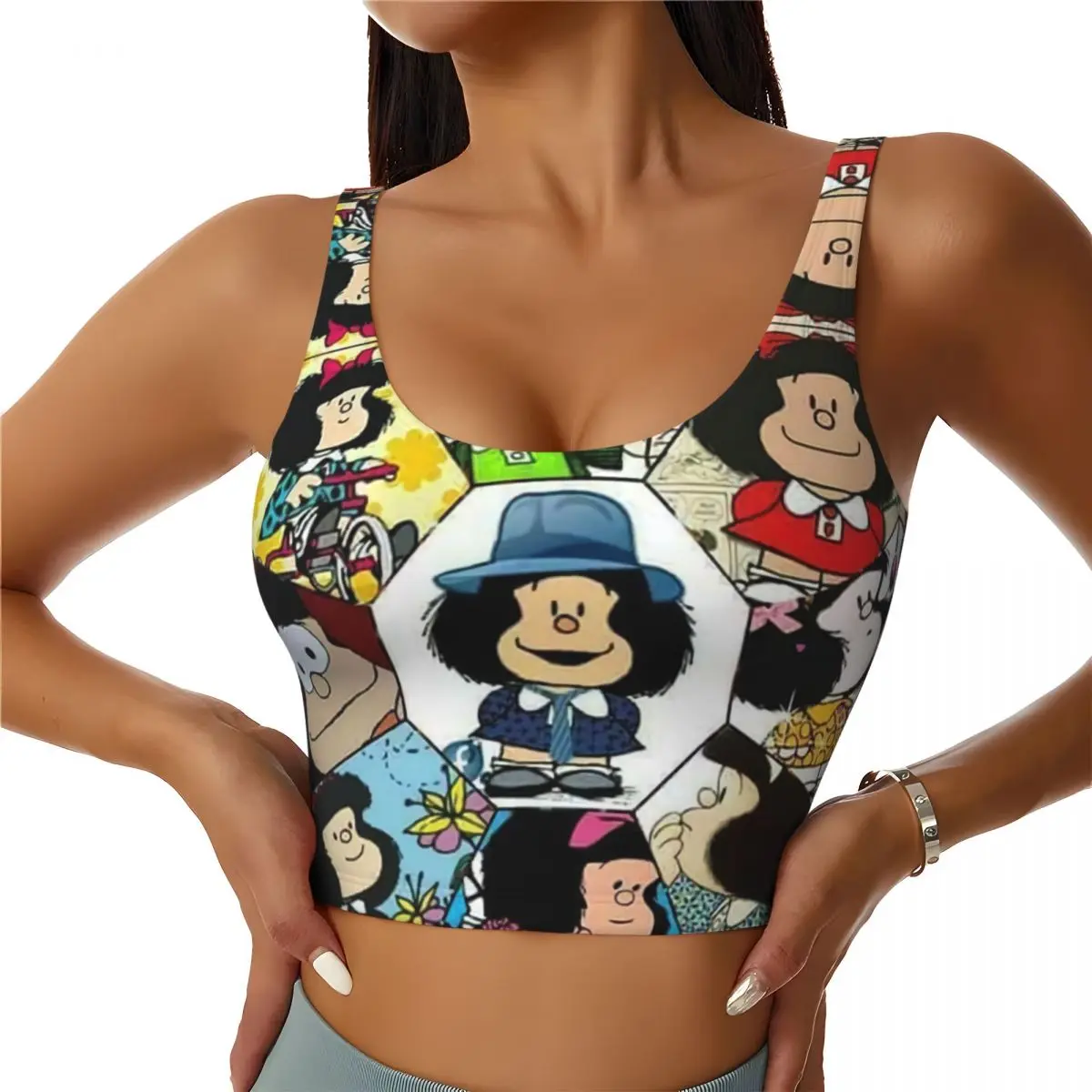 Custom High Impact Mafalda Collage Sports Bra Women's Cartoon Manga Quino Comic Gym Workout Yoga Crop Top