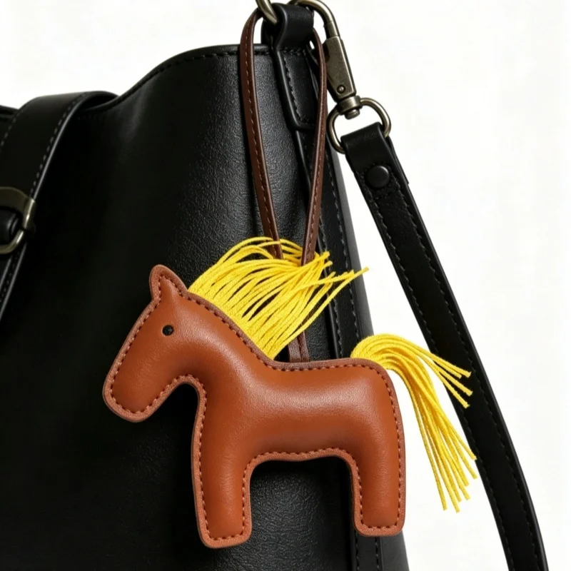 Llavero de Cuero con Diseño de Pony de Dibujos Animados y Flecos, Elegante Llavero de Caballo Marrón para Bolso, Accesorio Boho Chic - Cuero PU