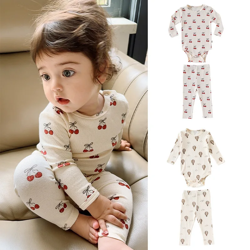 

New Spring Autumn Baby Girl Boy Set Long Sleeve Bodysuit with Pants Cartoon Balloon Cherry Print Newborn Clothing