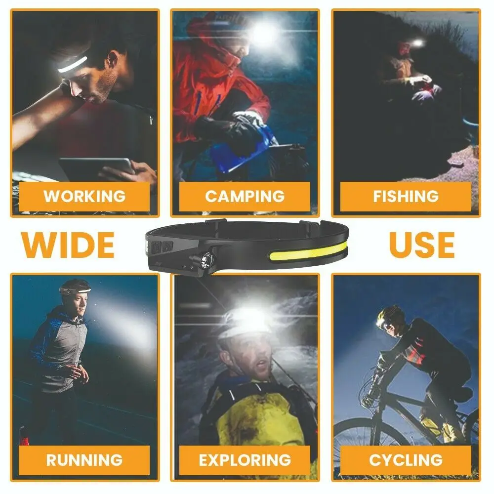 COB LED Headlamp USB Rechargeable Headlight Torch Work Light Bar Head Band Lamp Fishing Camping Lantern High Power Flashlight