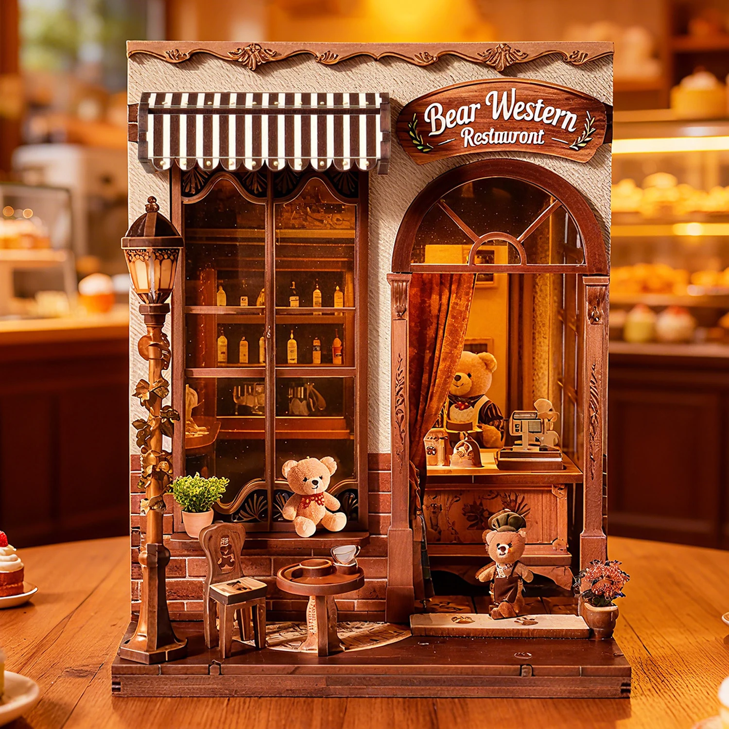 DIY Wooden Miniature Model Kit Bear Western Restaurant Casa 3D Puzzle Doll Houses With Furniture for Friends Birthday Gifts