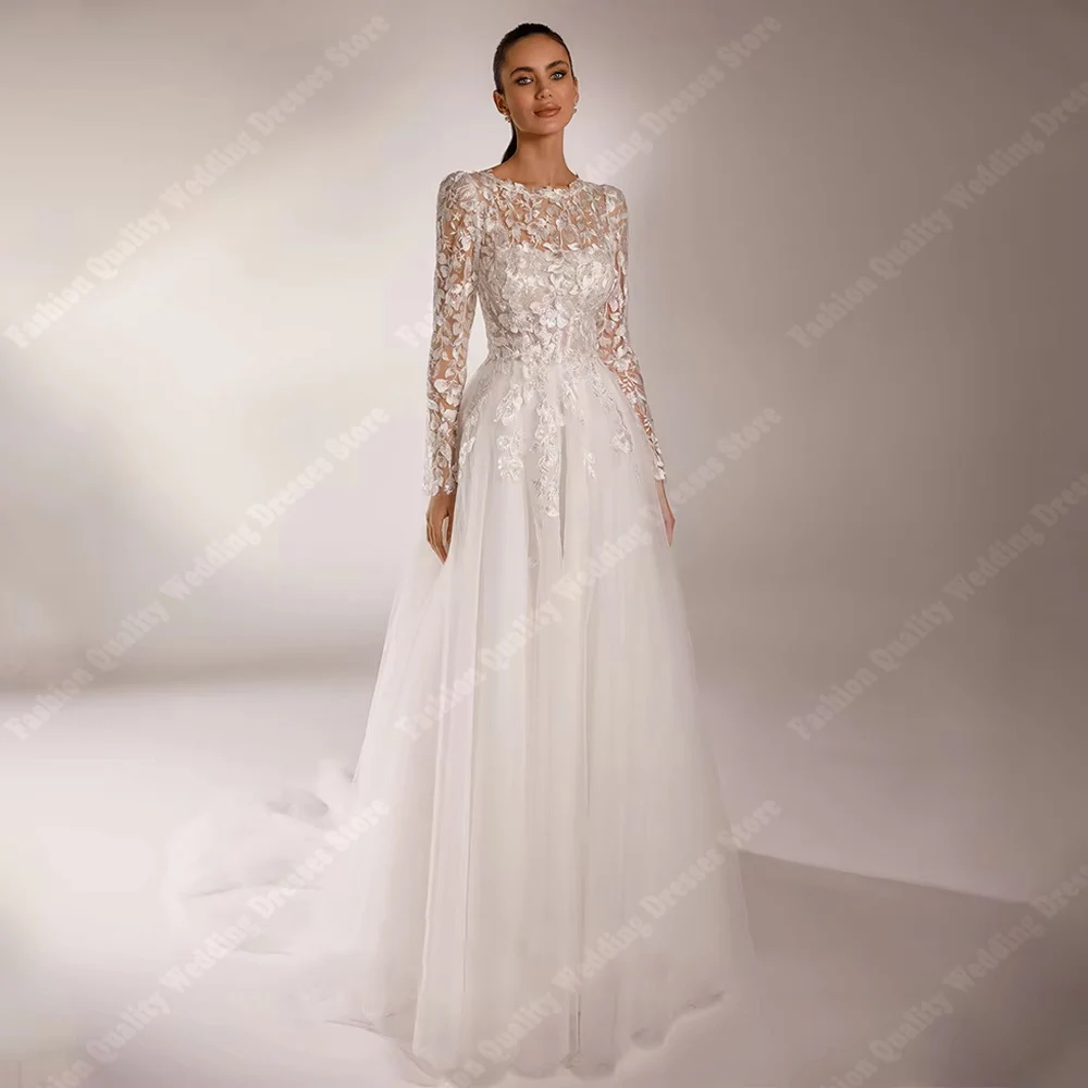 

2025 Round-Neck Wedding Dresses Graceful Lace Long Sleeves A-Line Bride Gowns Mopping Length Ball Vestidos De Novias Customized