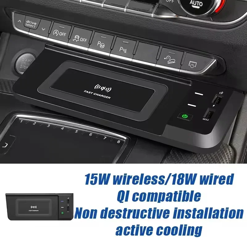 Black Car Fast Wireless Charger Tray Pad Storage Box Fits for Audi Q5 SQ5 2018-2022