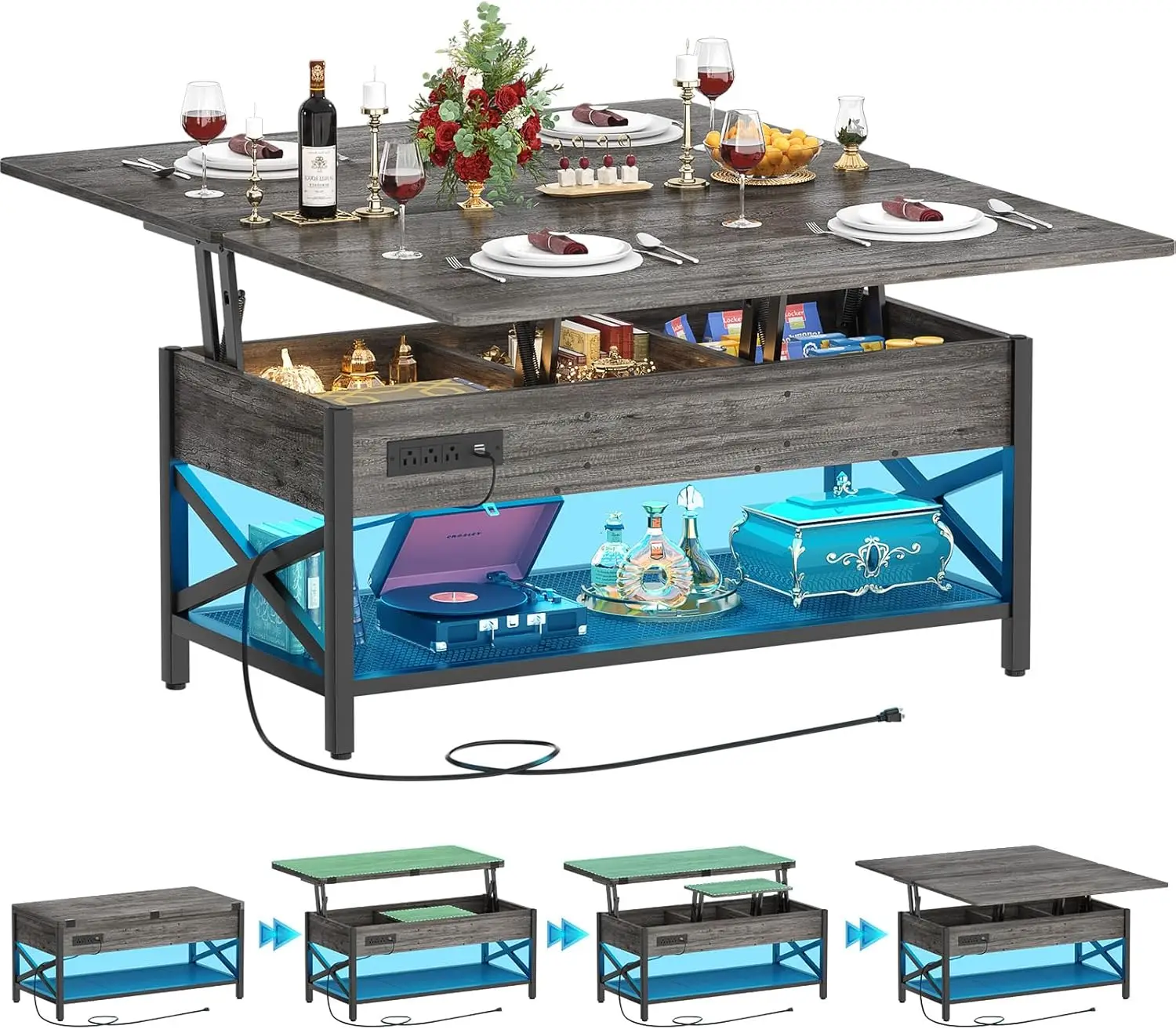 Mesa de centro elevable multifuncional de roble negro de 36": se convierte en mesa de comedor con luz LED, toma de corriente y estantes
